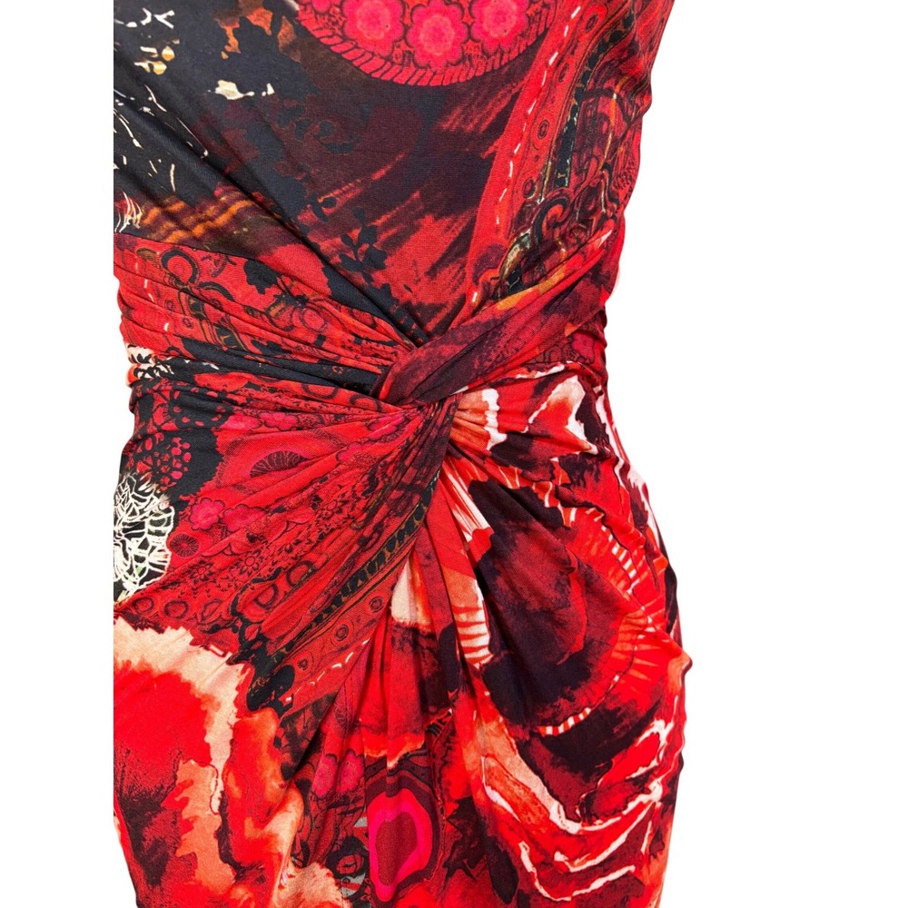 Abstract Floral Desigual Sheath Dress Twist Front Cowl Neck Size S/M Red Black - Picture 2 of 8